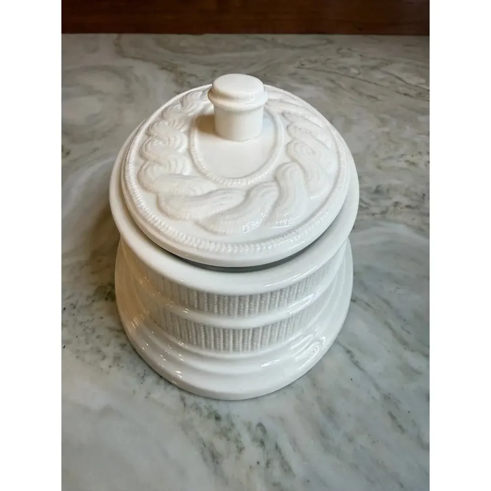 Ralph Lauren Home Ceramic Covered Trinket Dish Nautical Rope Pattern Cream